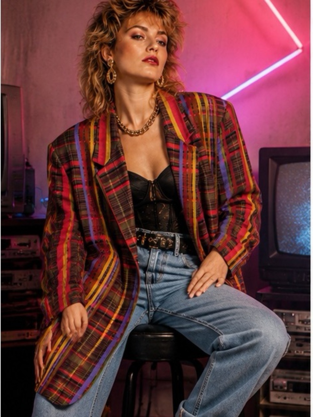 Vintage Plaid Jacket ETC J.G. Hook Womens L Cotton 80s 90s Statement Blazer
